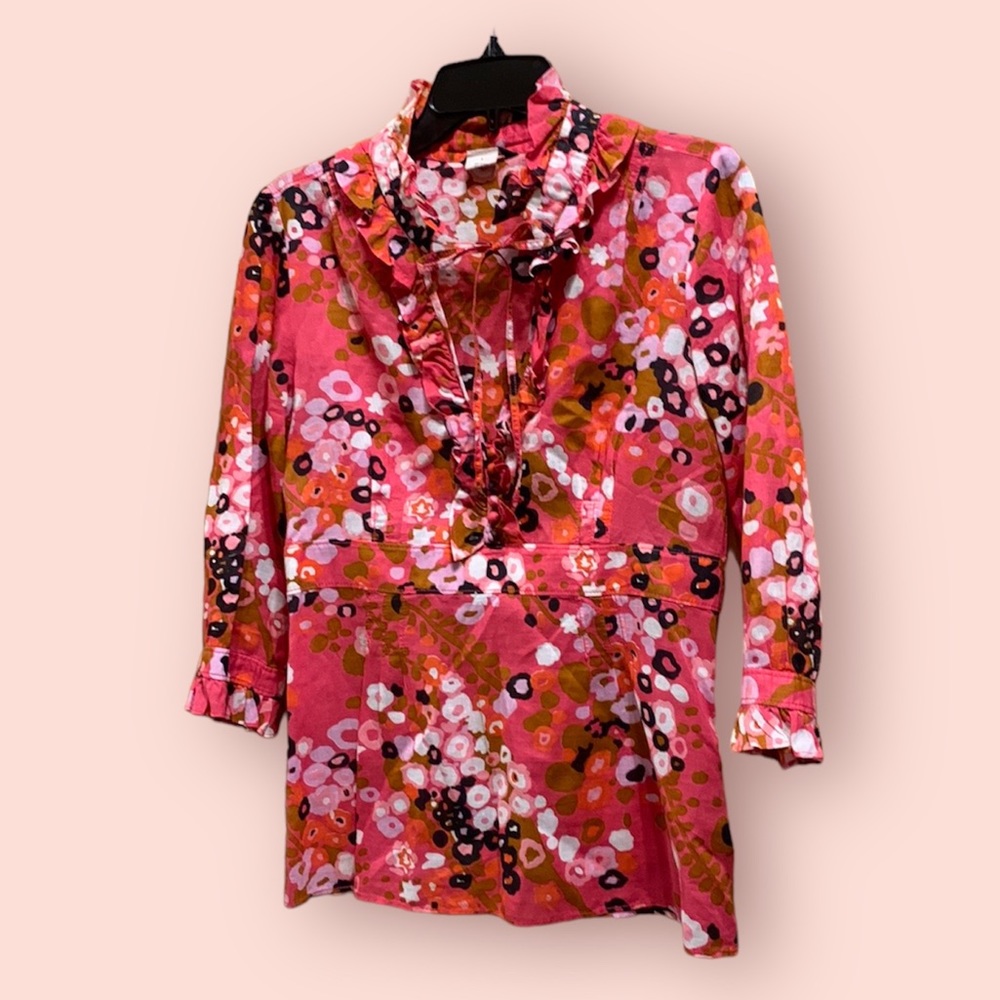 J. Crew Fuchsia Pink Linen Ruffled blouse top